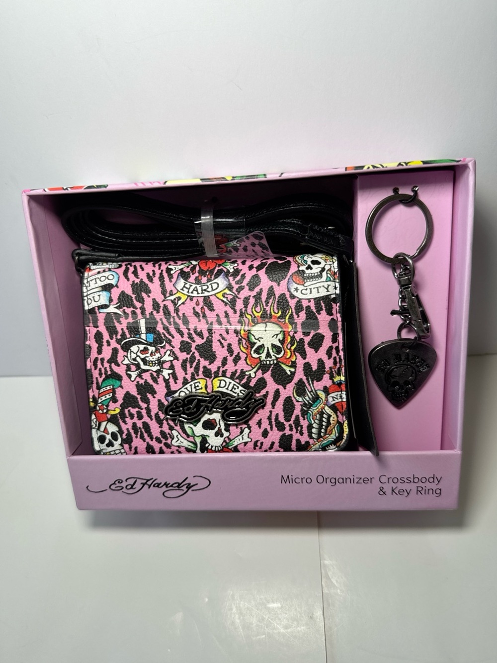 Ed Hardy Pink Leopard Skull Micro Organizer Crossbody Key Ring Gift Set New